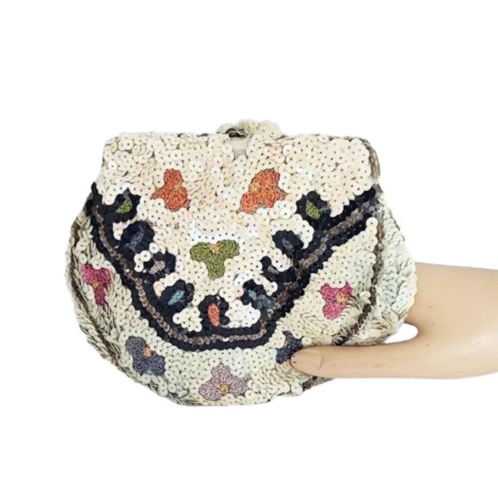 1930s Vintage Cream Sequin And Embroidered Deco Design Dance Purse Clutch Bag